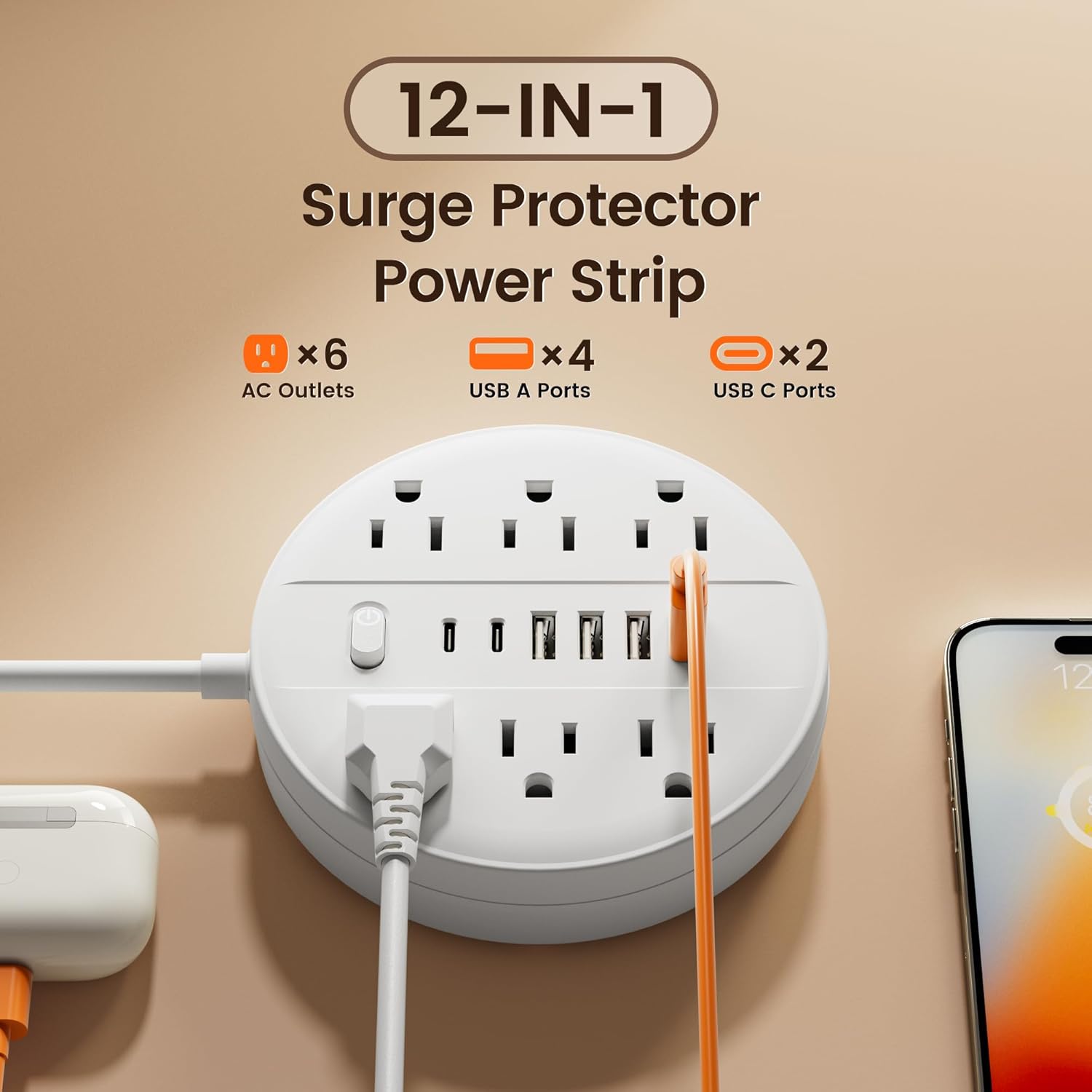 5 FT Surge Protector Power Strip, Chiefway Extension Cord with Multiple Outlets, 6 AC Outlets, 4 USB & 2 USB C, On/Off Switch, Portable Outlet Extender, Flat Plug, Wall Mountable for Office Home Dorm