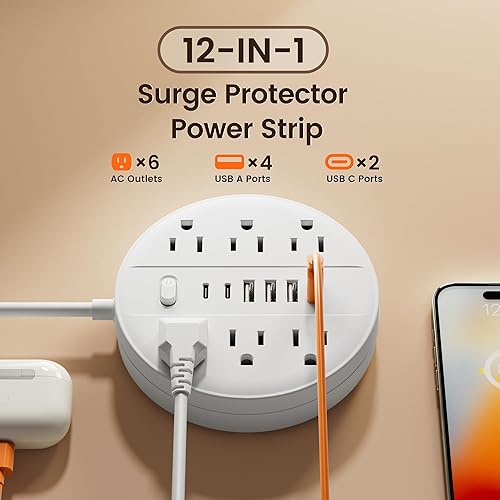 Miniatura 2 de Regleta de alimentación con protector de sobretensiones de 5 pies, cable de extensión Chiefway con múltiples tomas, 6 salidas de CA, 4 USB y 2 USB