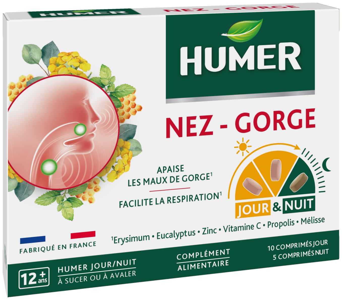HUMER - Comprimés Nez/​Gorge - Aide à réduire la fatigue le jour & favorise le sommeil la nuit - Signes d'un coup de froid - Améliore le confort respiratoire - 90% d'origine naturelle