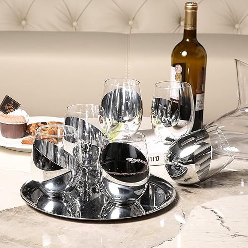 Miniatura 5 de MyGift Juego de 6 copas de vino modernas sin tallo, copas de vino blanco o tinto con fondo metálico plateado en ángulo