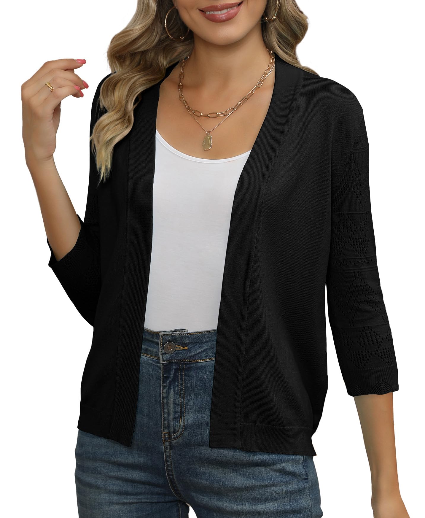 Bettysays Womens Cropped Cardigans Shrugs for Dresses 3 4 Sleeve Lightweight Hollow Out Crochet Knit Sweater Tops