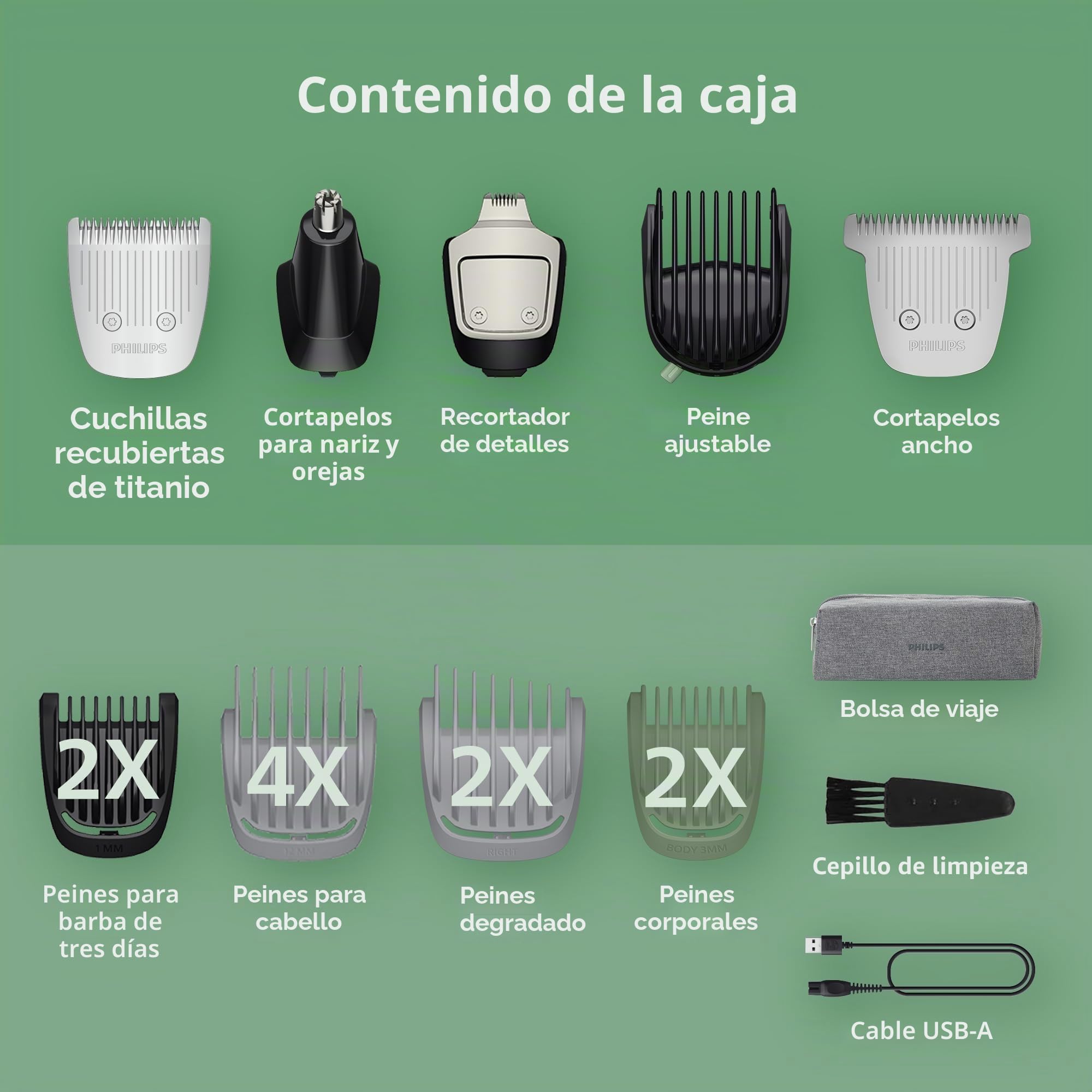 Philips Norelco Multigroom 5000 Series, recortadora de barba y cortapelos todo en uno, kit de aseo para hombre, 18 piezas, para barba, cara, nariz, oreja, cuerpo, con cuchillas de titanio, bolsa de