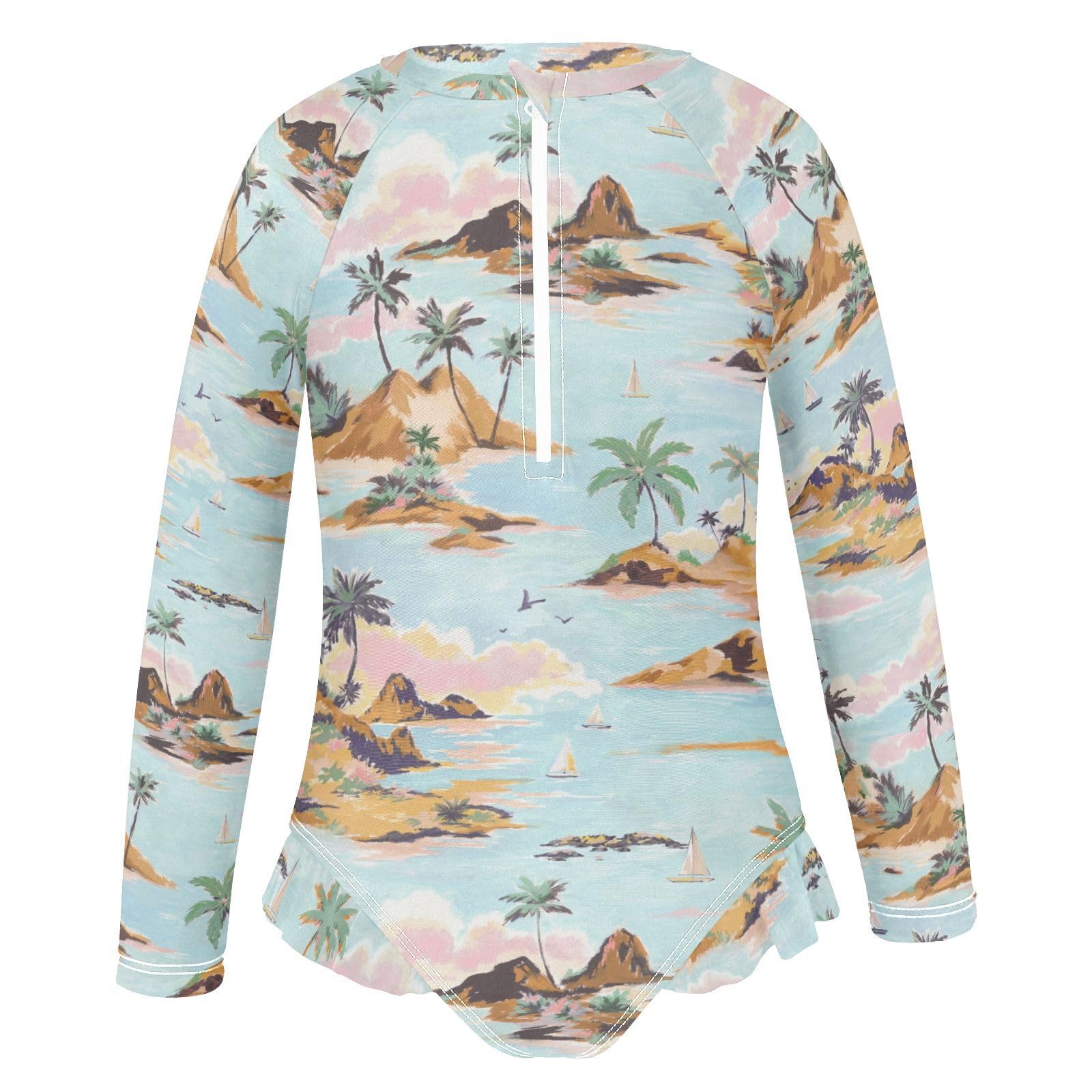 Ollabaky Baby Girls Long Sleeve Swimsuit Tropical Mountains Palm Trees Beach One Piece Bathing Suit Rash Guard UPF50+ Toddler Girl Swimwear, 7-8T