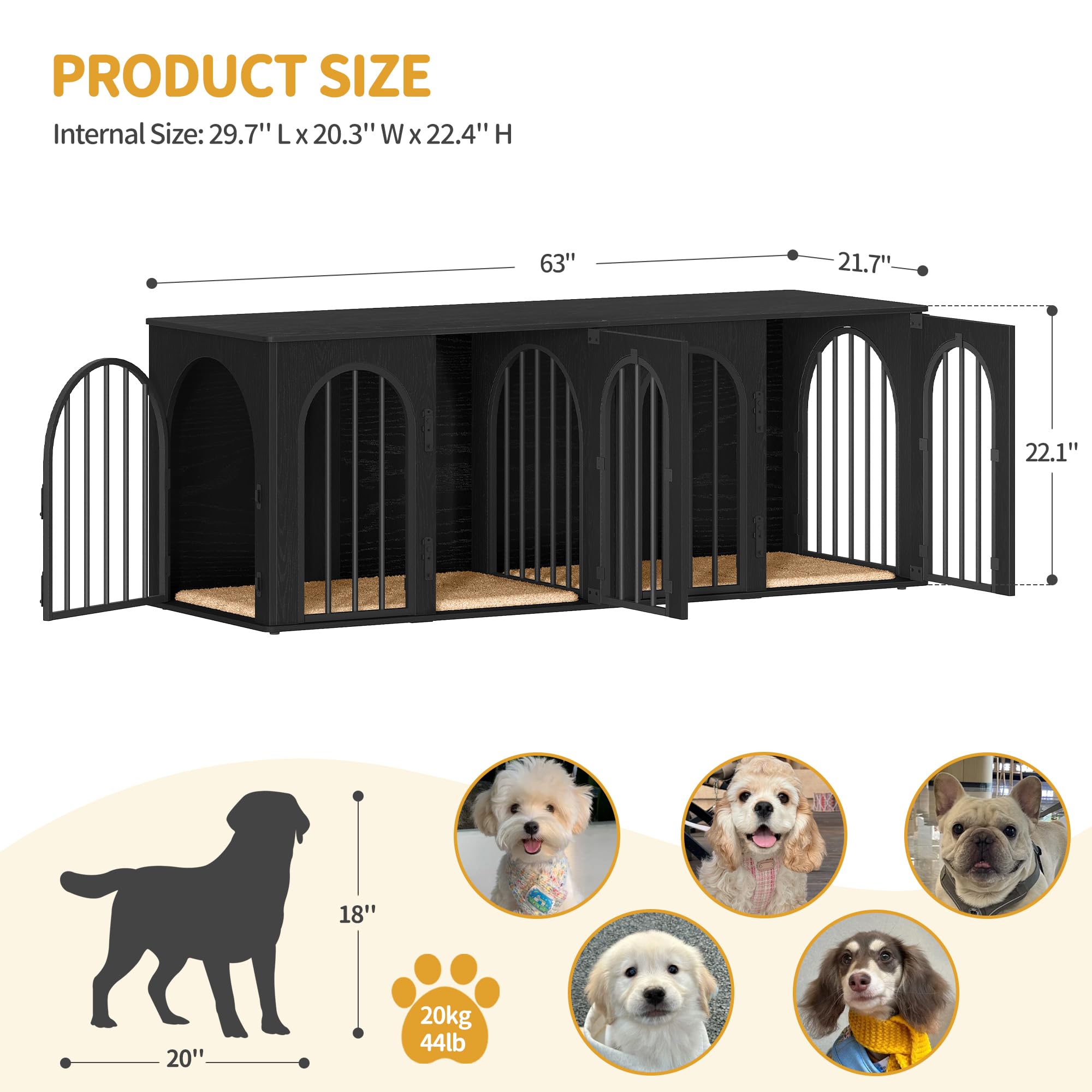 Hzuaneri 63" Dog Crate Furniture for 2 Dogs, Heavy Duty Indoor Dog Kennel TV Stand, L Wooden Dog Cage with Divider for Medium Large Dogs, End Table Dog Crate with Cushion, Black DFC80904B - image 2