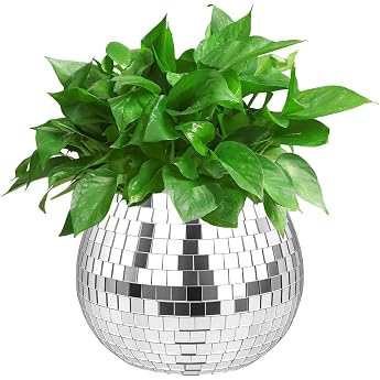 Disco Ball Flower Pot Small Disco Ball Vase Disco Ball Plants Disco Ball Decorative Planter Macrame Disco Ball Plant Pot Mirror Ball Decorative Flower Pots for Party Office Kitchen Silver 4