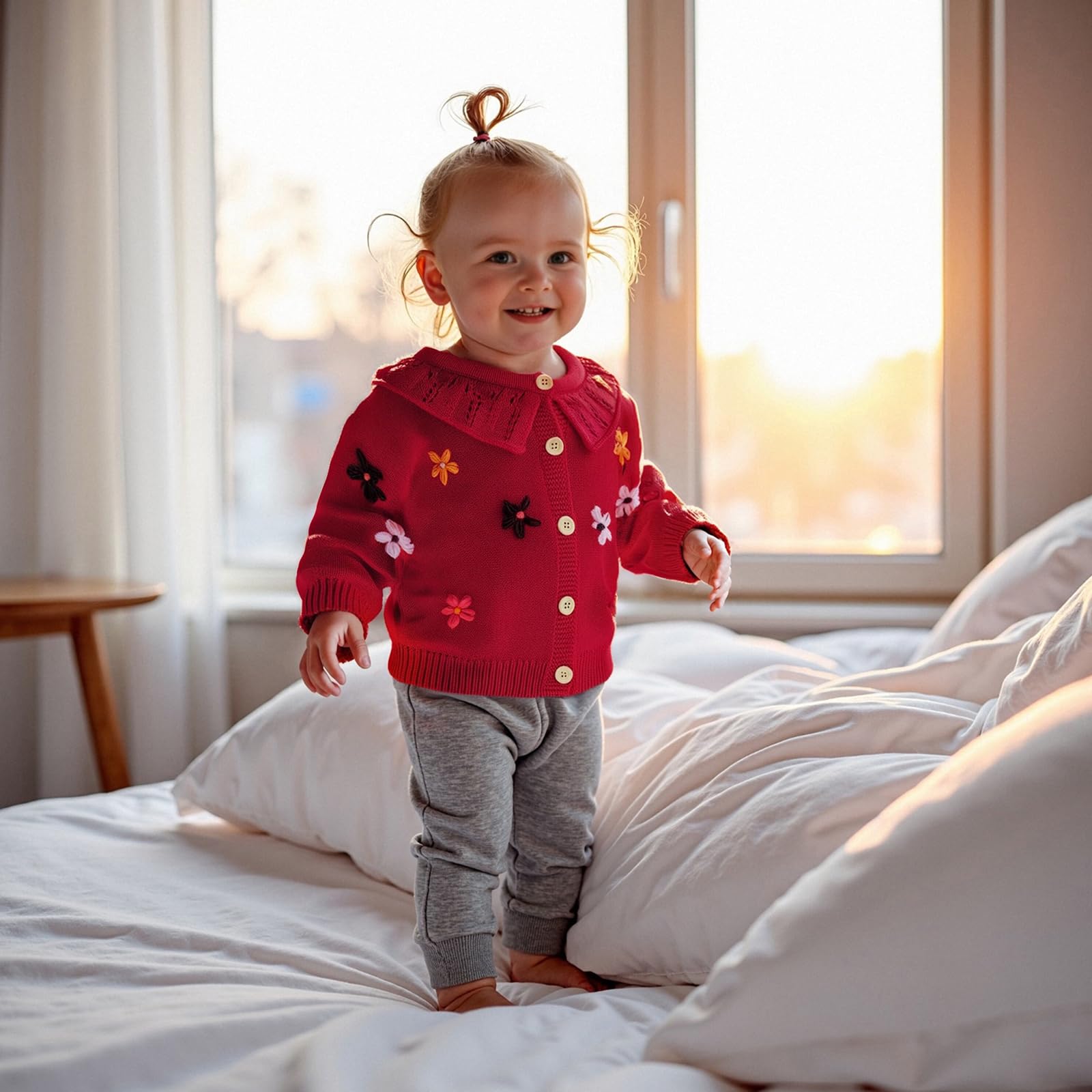 Toddler Baby Girl Sweater Cardigan Heart Flower Embroidery Doll Callor Button Down Knit Jacket Fall Winter Clothes (B-Red, 2-3 Years)