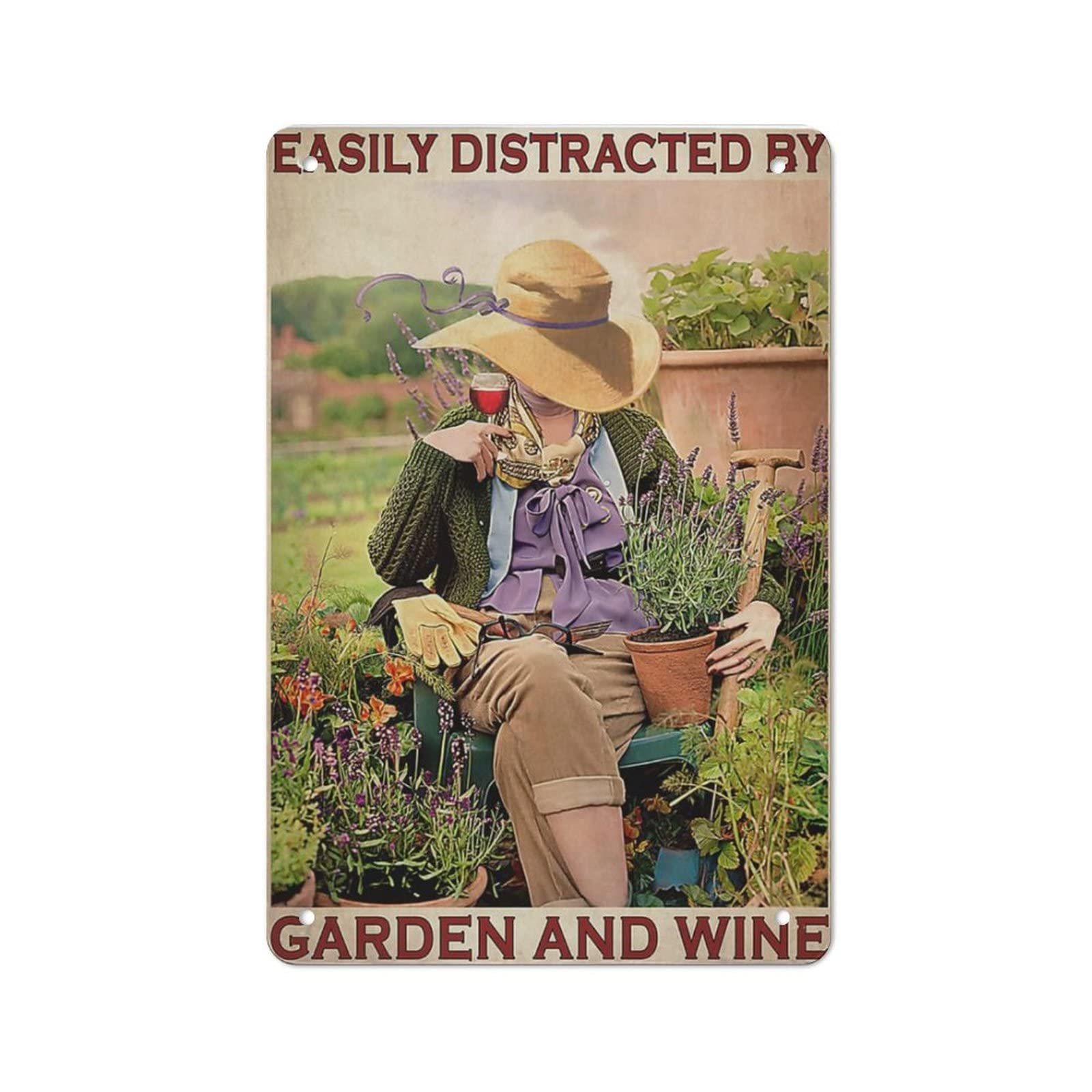 AOOEDM Easily Distracted By Garden And Wine Vintage Tin Sign Metal Tin Signs for Man Cave Funny Art Wall Plaque Kitchen Bar Pub Coffee Shop Wall Decor