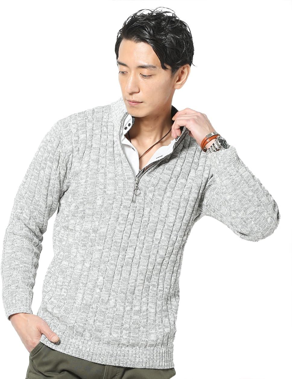 Amazon | [MENZ-STYLE] ケーブル編みスタンドカラーダブルジップニット