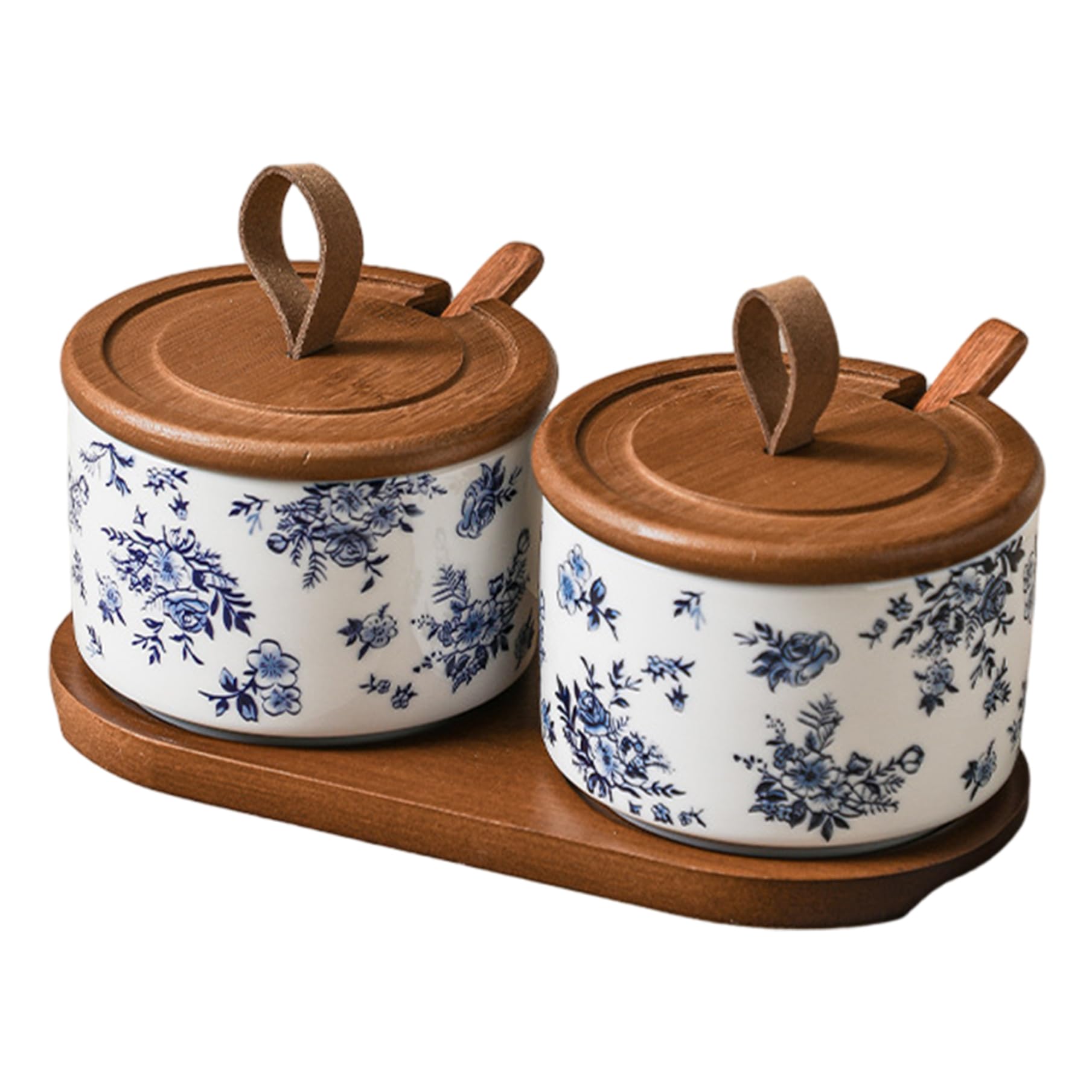 Cakeeyum Brown 2Pcs Spice Jars With Lids 7.4Oz Ceramic Jar With Lid & Wooden Spoon & Tray Exquisite Flower Patterns Condiment Containers For Home Kitchen Ceramic Spice Jars, Condiment Containers With Lids