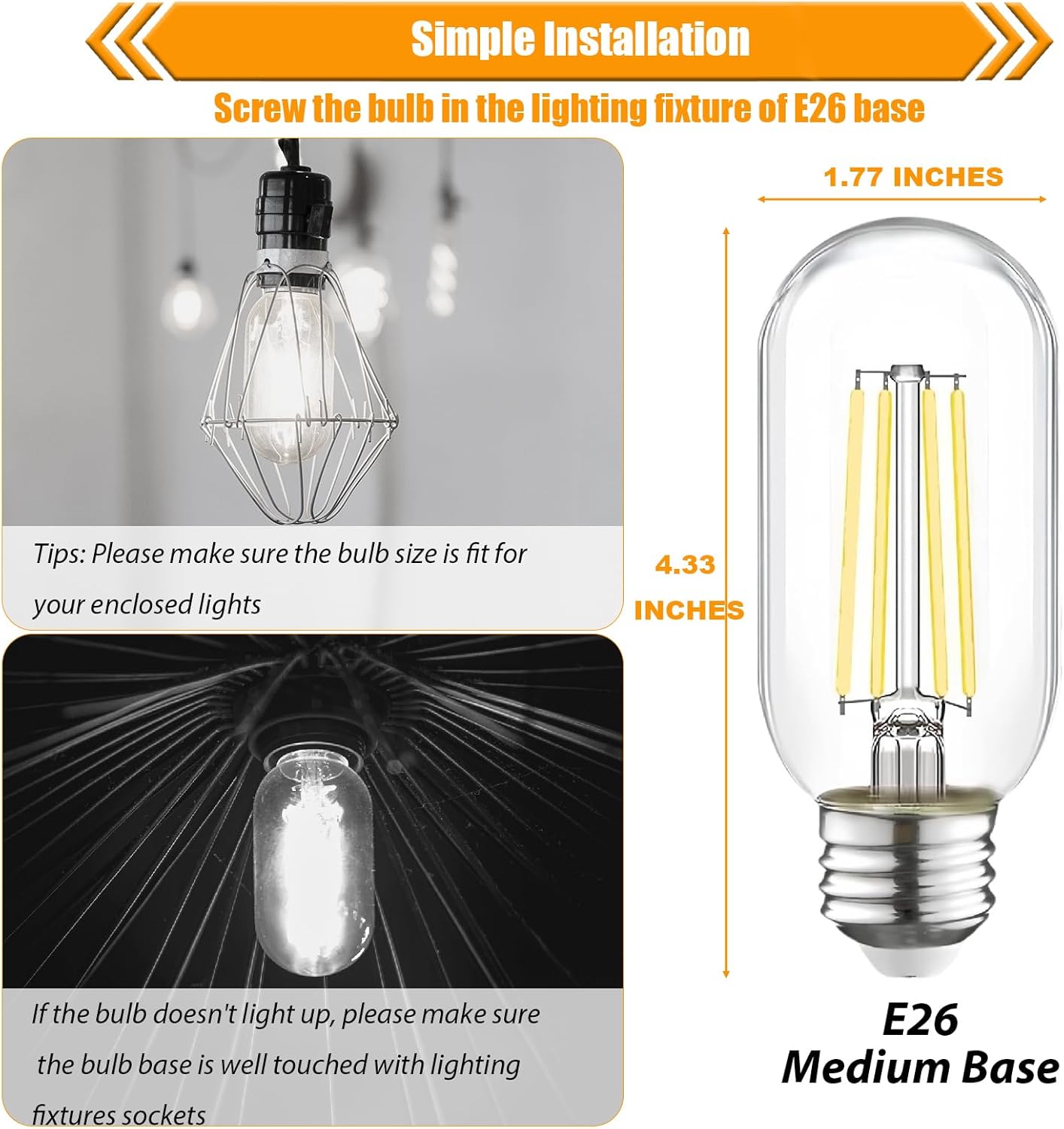T45 Dimmable LED Bulb 60 Watt Equivalent,Vintage E26 Base 6W LED Edison Bulbs,Tubular Clear Decorative Light Bulb,5000k Led Lightbulbs 60W Daylight, 800LM,12 Pack