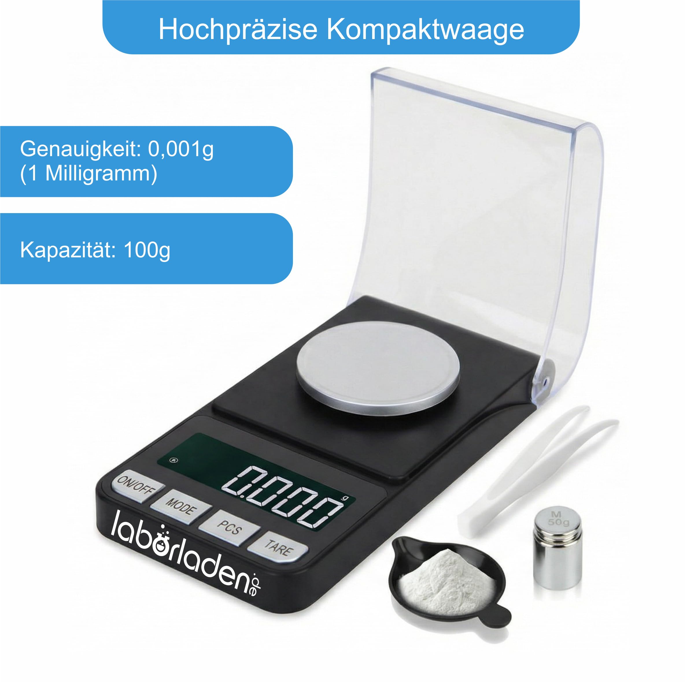 Professionelle, hochpräzise Labor-Feinwaage bis 100g | Genauigkeit: 0,001g (1 Milligramm) | Deutsche Markenqualität | incl. Wägeschale, Kalibrier- und Prüfgewicht, Pinzette