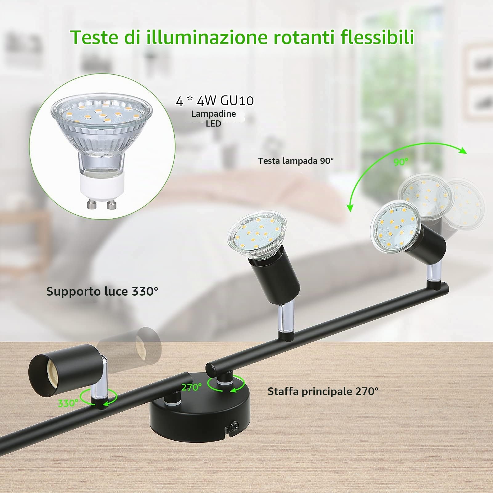 Faretti a LED da Soffitto Orientabili, 4 Lampadine GU10 4W, Metallo Nichel Opaco, Illuminazione 400lm, Teste di Luce Girevoli Flessibili,Faretto Led Interno Moderna per Illuminazione Interna-Nero