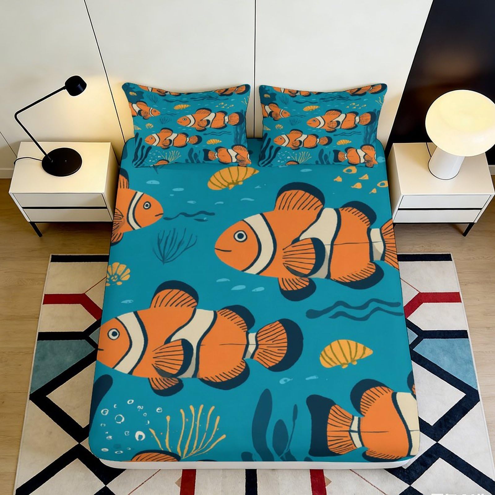 3D Printed Clownfish Ocean Fitted Sheet Microfiber Blue Underwater Mattress Cover Bedroom Decor Anti-Slip Easy Care 90x200x25cm