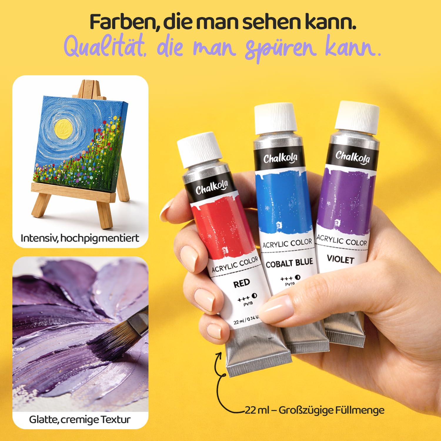 Chalkola Acrylfarben Set| 32x22ml Acrylfarbe mit 10 Leinwand, 10 Pinseln, Tischstaffelei| Acrylfarben für Leinwand Holz| Wasserfeste Acrylic Paint Set| leuchtenden Farben für Kinder, Profis, Anfänger