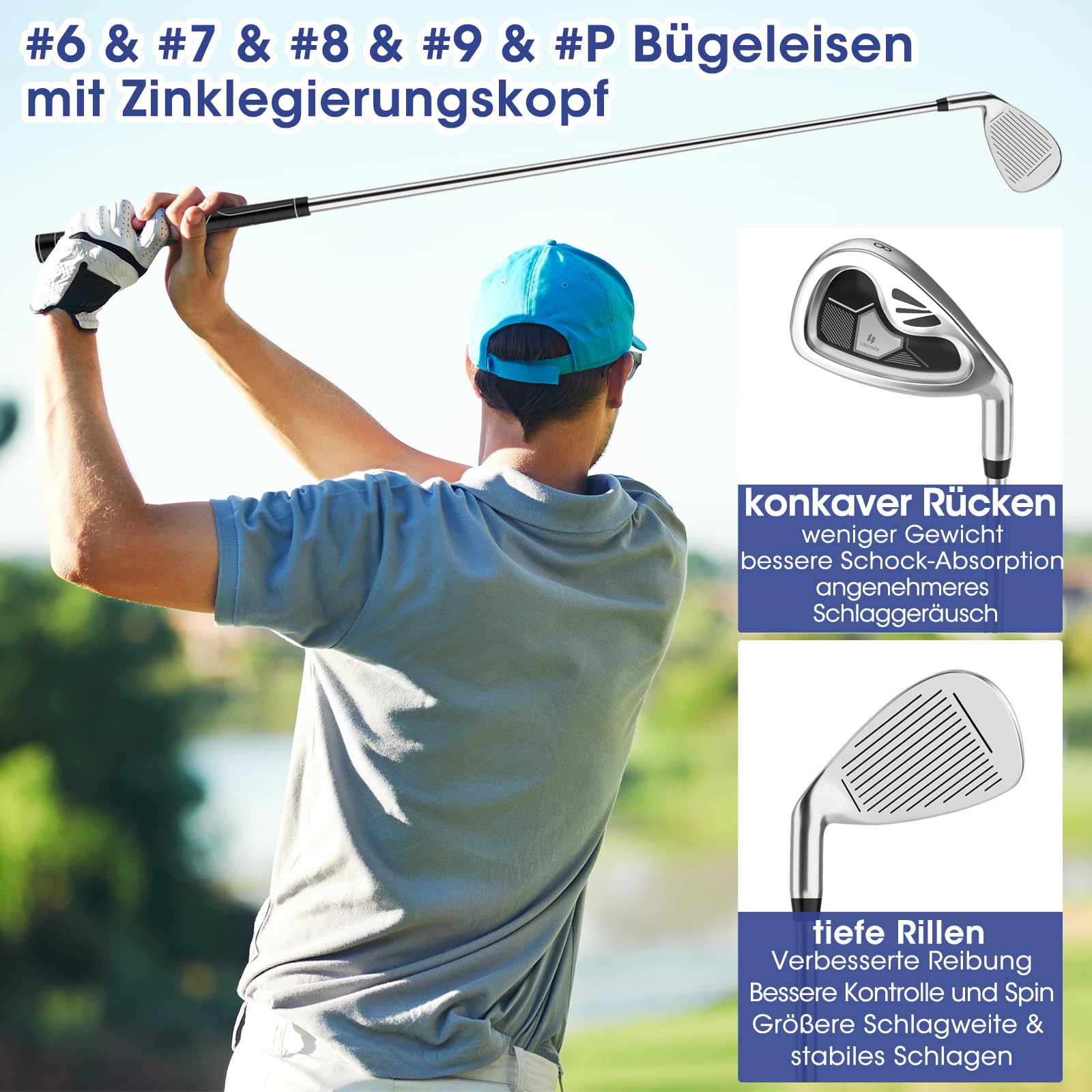 COSTWAY komplettes Herren Golfschläger Set, 9 teilige Golfschlägersätze rechtshändig mit Regenhaube, Golfset mit 1 Driver & 3 Fairway & 4 Hybrid & 6/7/ 8/9/ P Eisen & Putter (Grau)