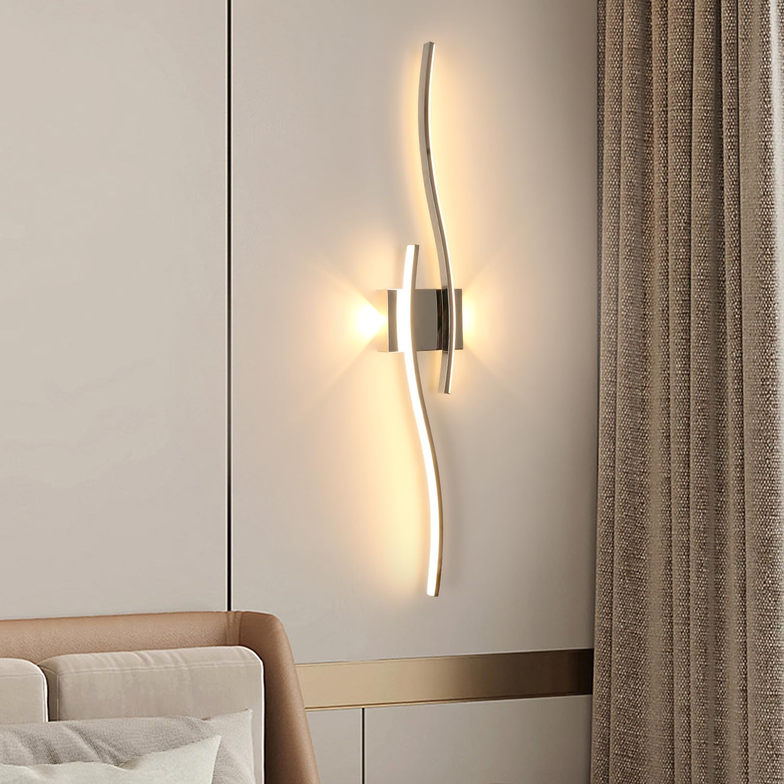 Comely Wandlampe Innen LED Moderne, Wandleuchte up and down 27W 3000LM, Gebogene Design Wandleuchten Silber für Wohnzimmer Schlafzimmer Treppenhaus Flur, Warmweiß 3000K