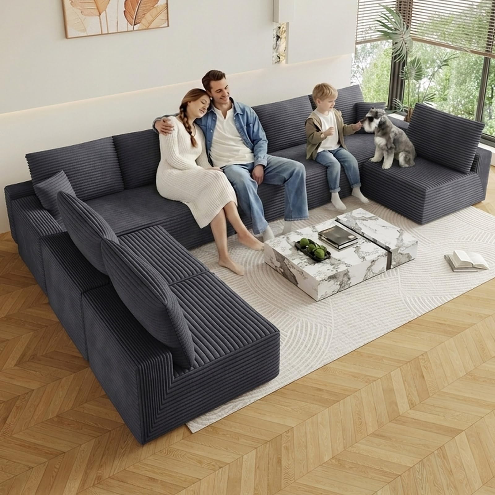 Oversized Modular Sectional Sofa Couch,Large 8 Seater Corner Sofa Modern U Shaped Sectional Couch Cloud Couches for Living Room,Office,Spacious Space,Corduroy,No Assembly Required,Dark Grey