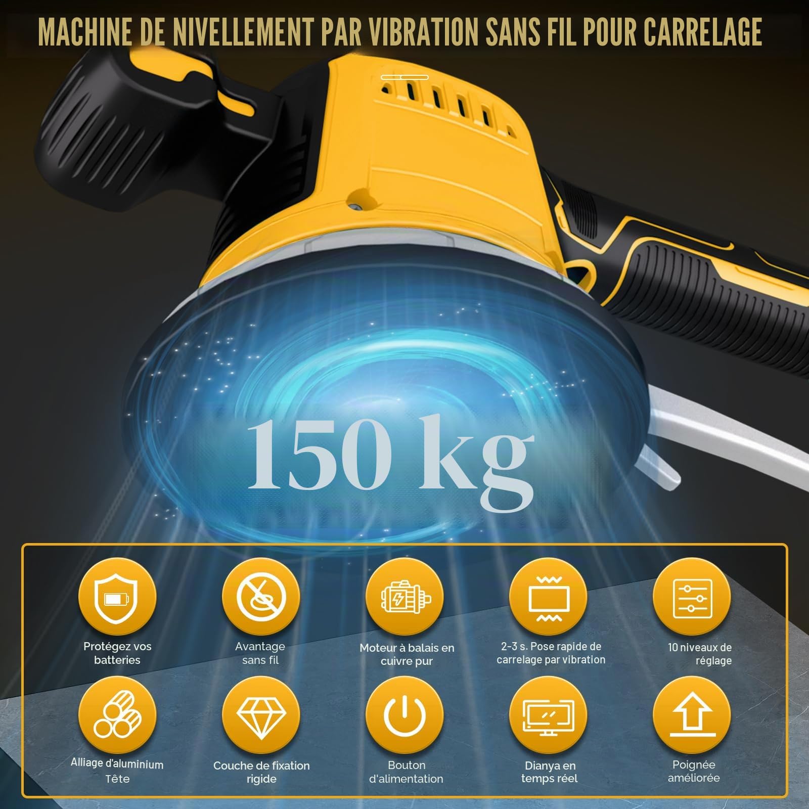 Machine à Carreler Électrique pour Dewalt 18V,20v, Vibreur de Carrelage Ventouse 148 x 148 mm 10 Vitesses Réglables Capacité de 160 kg de Carrelages & Carreaux Muraux (Sans Batterie)