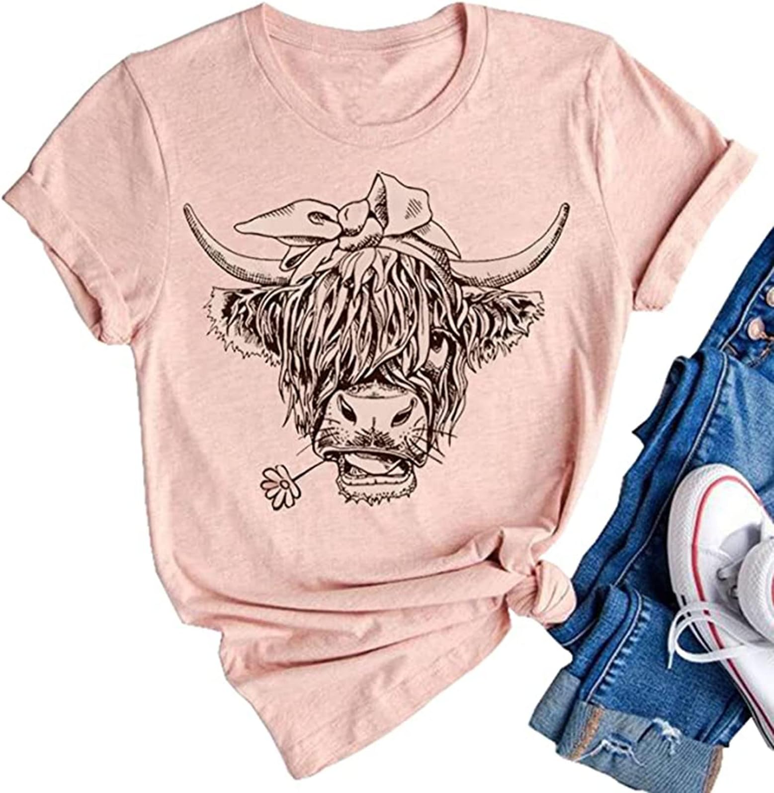 ZIFOTAAmerican Flag Cow T-Shirt for Women USA Flag Stars Stripes Graphic Patriotic Shirt Summer Casual Vacation Tee Tops