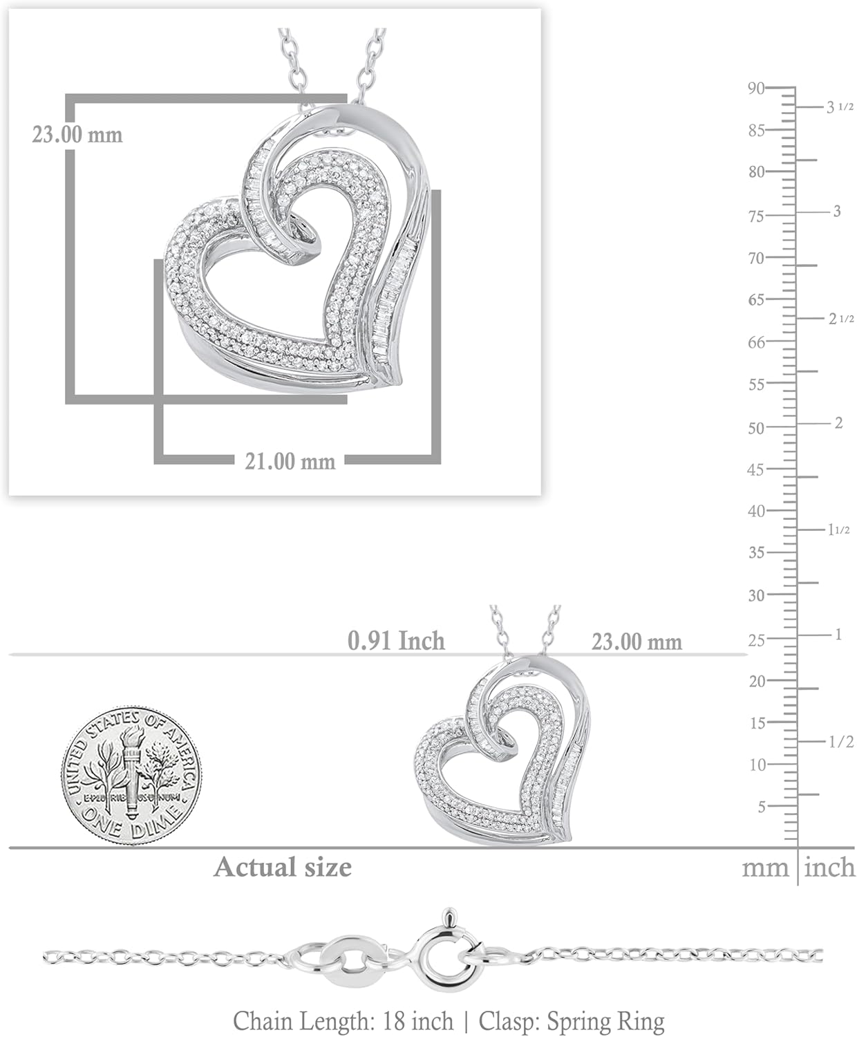 Dazzlingrock Collection 0.50 Ctw Round & Baguette White Natural Diamond Women Double Heart Pendant, in Real Solid Gold & 925 Sterling Silver - Image 3