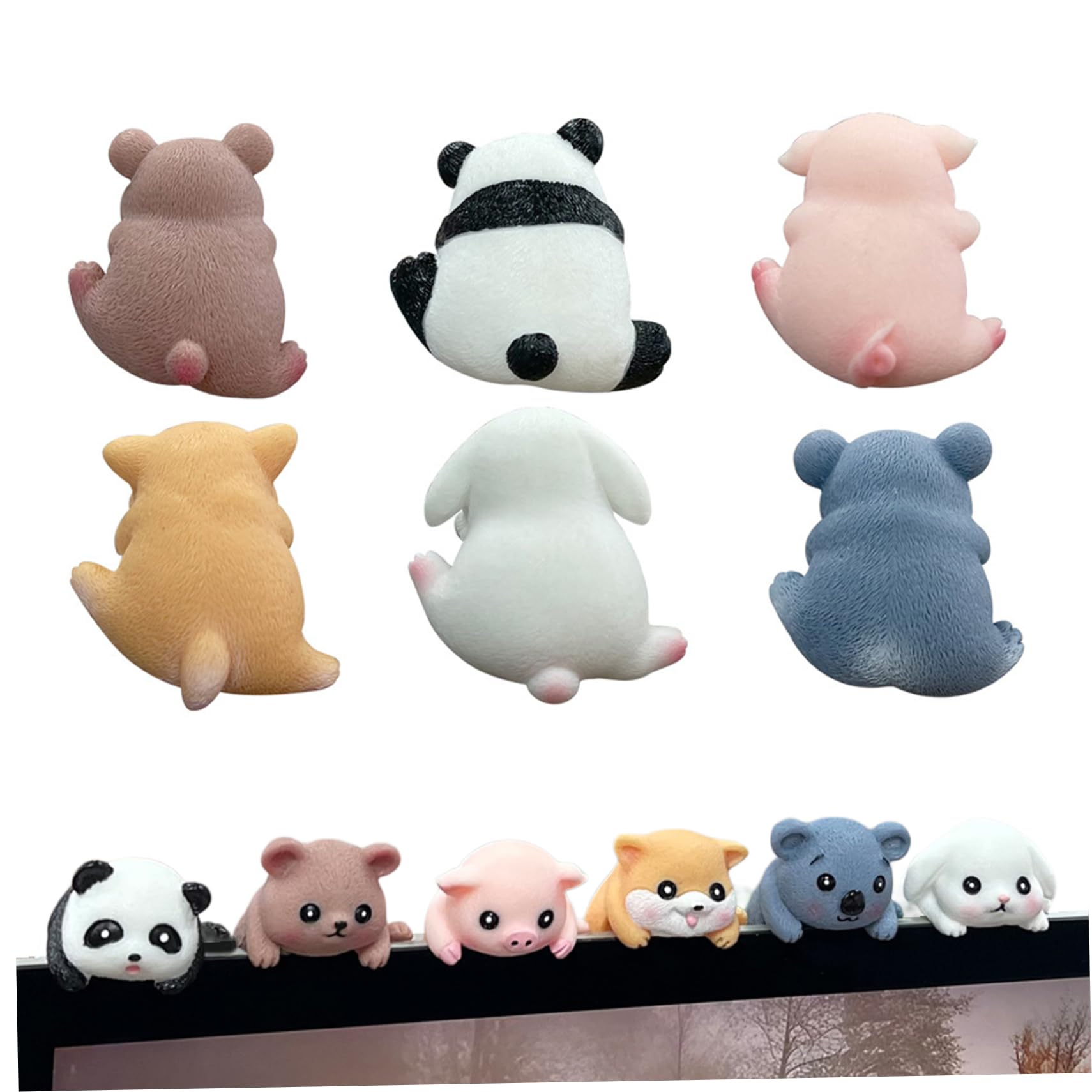 CAKEEYUM 6PCS Computer Monitor Decor, Cartoon Animal Figurine Cute Figurines, Mini Desk Figurines, Resin Pc Decor, For Home Office Car Central Control Screen