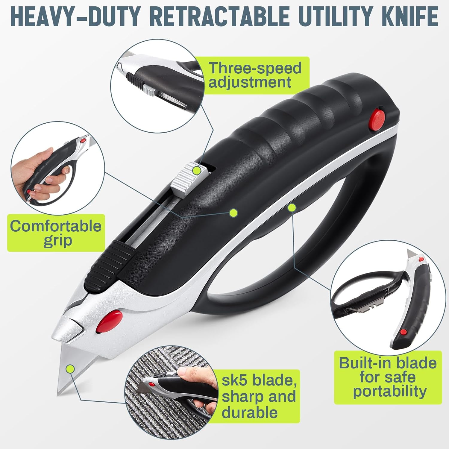 2 Pcs Heavy Duty Retractable Utility Knife, Box Cutter, Carpet Cutter with 3-position Lock, Ergonomic Non-slip Handle, 5 Reversible Replacement Blades Sk5