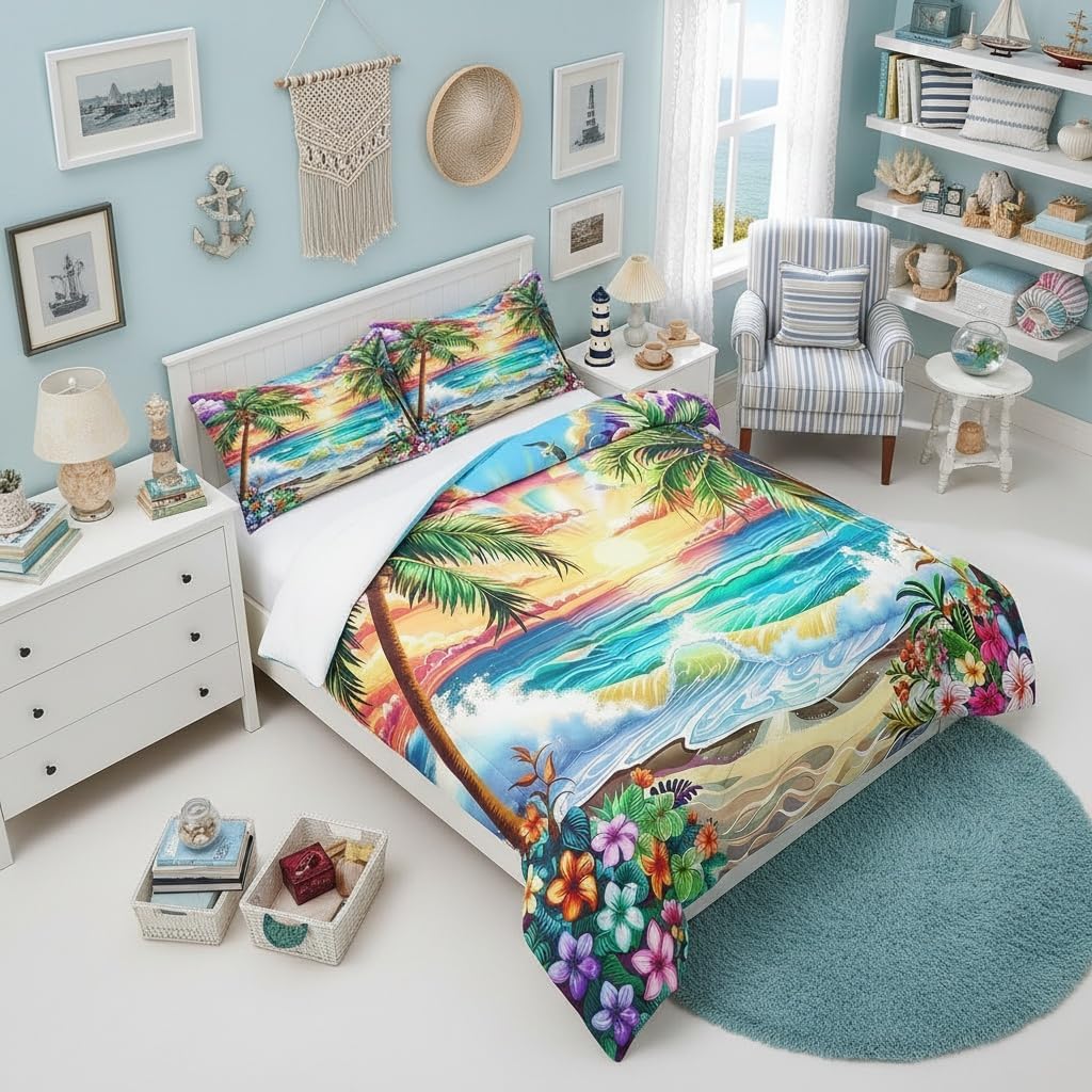 Manfei Hawaii Seaside Comforter Set Queen Size,Summer Ocean Waves Sunset Sky Paint Bedding Set for Teens Adults,Tropical Flowers Coconut Palm Trees Down Comforter,Orange Teal,3 Pcs 2 Pillowcases