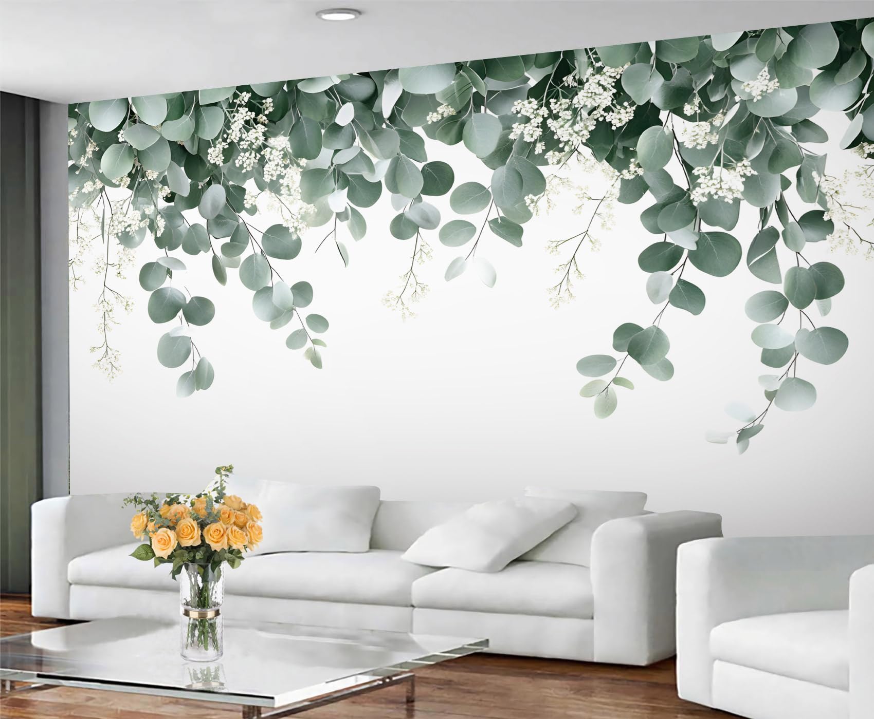 GIVLWF Eucalyptus Large Mural & Home Decor, Green Leaves Wallpaper for Living Room, Watercolor Botanical Bedroom Wall Paper, Non-Self-Adhesive White Flowers Murals for Walls