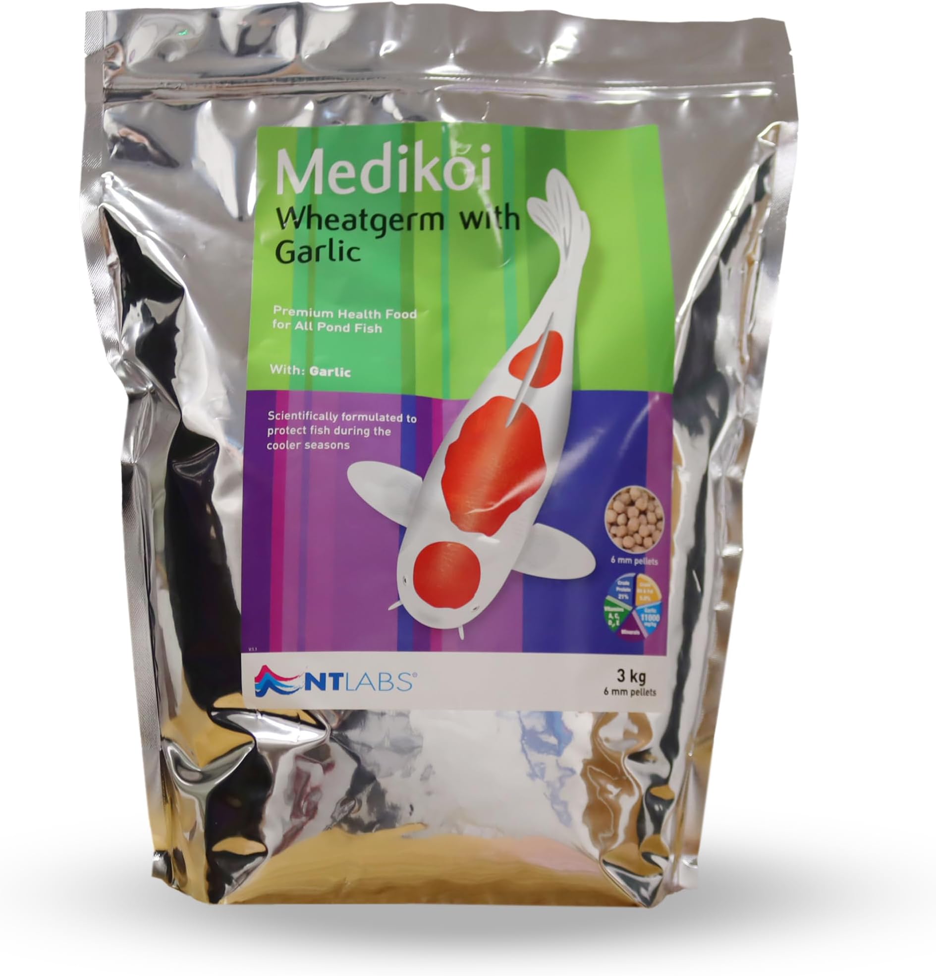 NT Labs Medikoi Wheatgerm With Garlic, Complete Feed For All Pond Fish, Ideal For Late Autumn, Winter & Early Spring Feeding, Maintains Immune System, Koi Fish Food (3kg, 6mm)