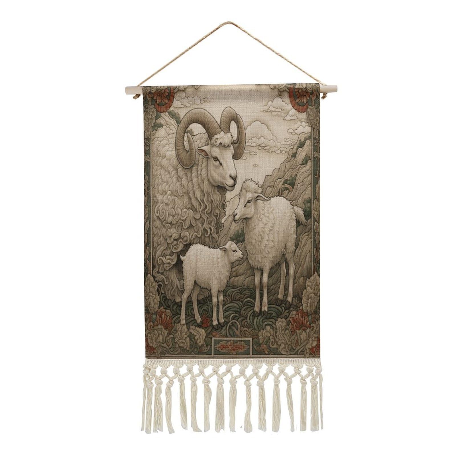 Adfgyerh Style Sheep Pattern Tapestry With Tassels Cotton And Linen Hanging Posters, Wall Art For Travel Gift, Wall Tapestry For Office Home Decor Bedroom Living Room Decor