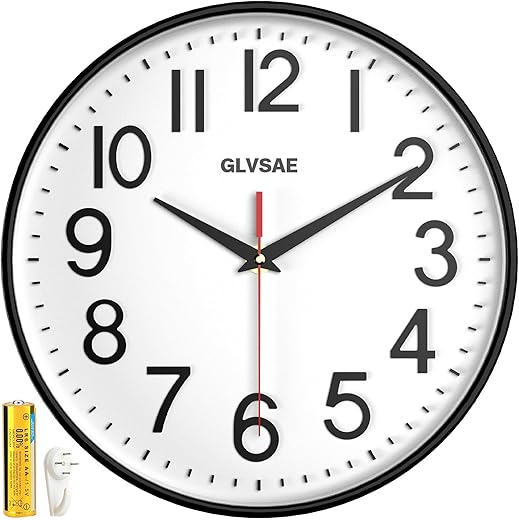 GLVSAE Wall Clock 12 Inches Non-Ticking Wall Clocks Battery Operated Large Easy to Read with Stereoscopic Dial Ultra-Quiet Movement Quartz for Office Classroom School Home Bedroom Kitchen