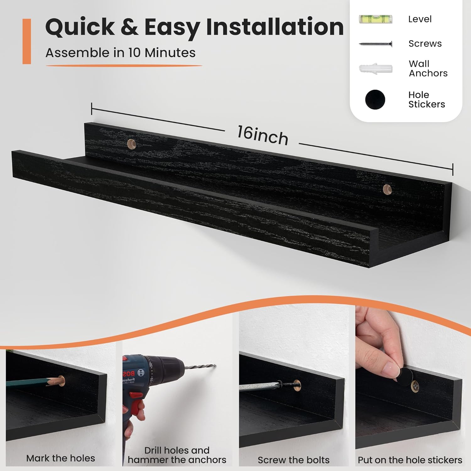 Fun Memories Picture Ledge Shelf, 16 Inch Long Floating Shelves Set of 6, Picture Shelf for Wall with Lip, Large Nursery Book Shelves for Storage, Wall Shelves for Living Room Bedroom Kitchen, Black