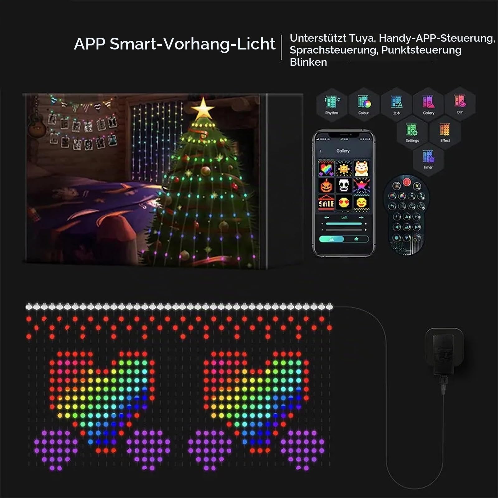 ColorWaves LED Curtain Sync Lights, Intelligente Lichterkette, Dynamische DIY Vorhang Mit Fernbedienung Und APP, RGB Party Licht Für Schlafzimmer Wand (1 * 1M)