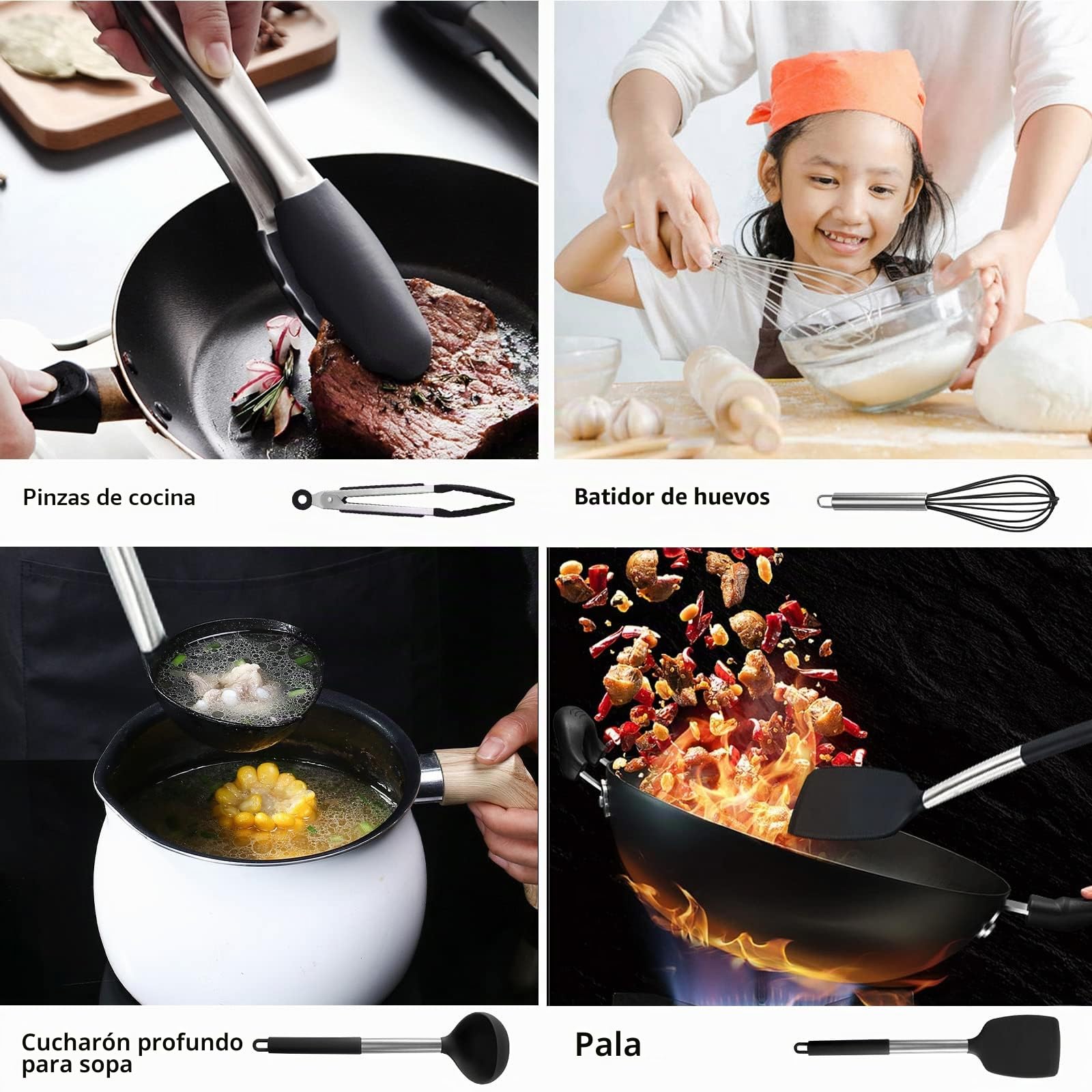 49 Piezas Utensilios de Cocina de Silicona Resistentes Al Calor, Juego de Espátulas y Accesorios, Negro