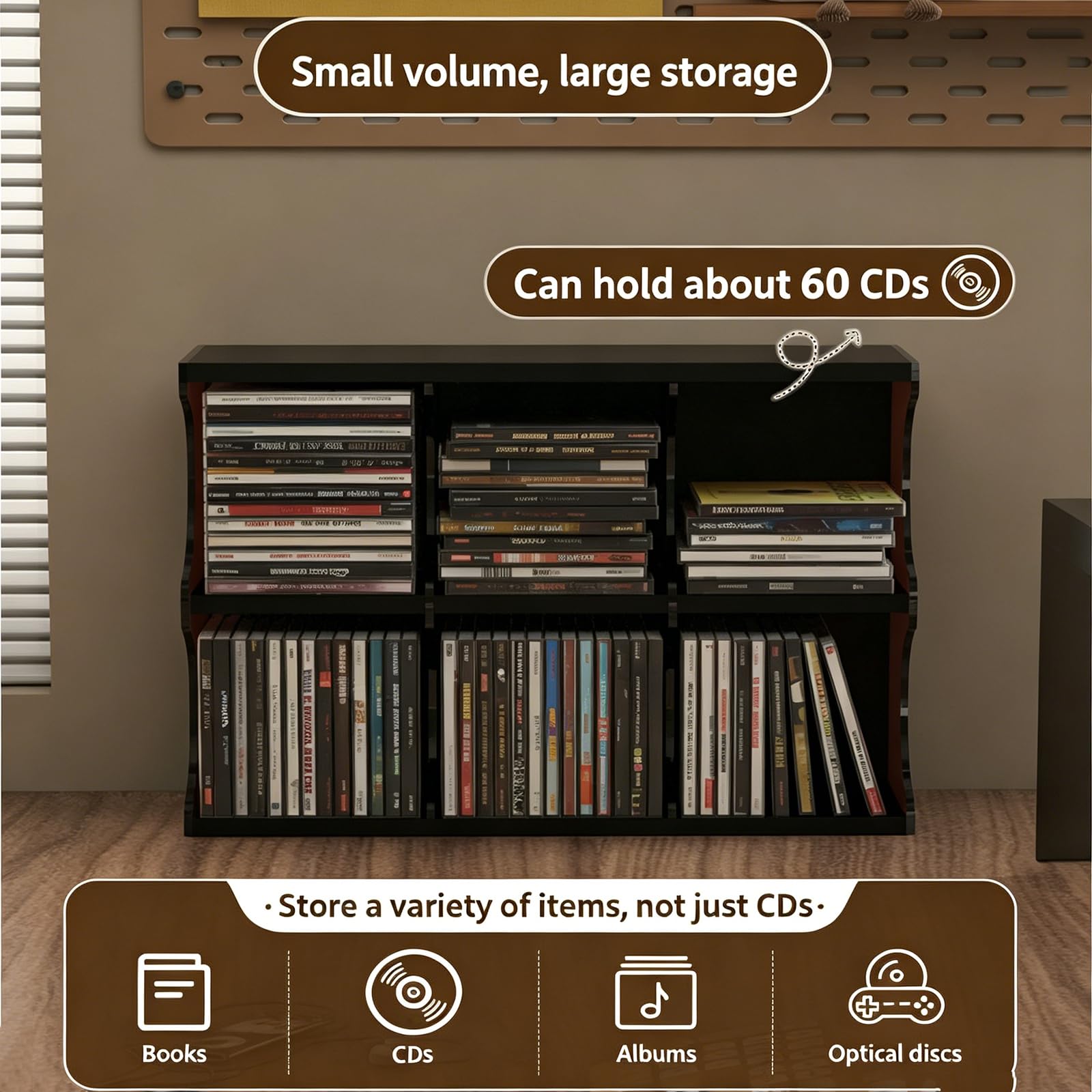 Mobiletto porta CD, a 6 scomparti, organizer a 2 ripiani per 60 CD, facile da installare, mobili in legno per album, giochi, cassette e oggetti da collezione
