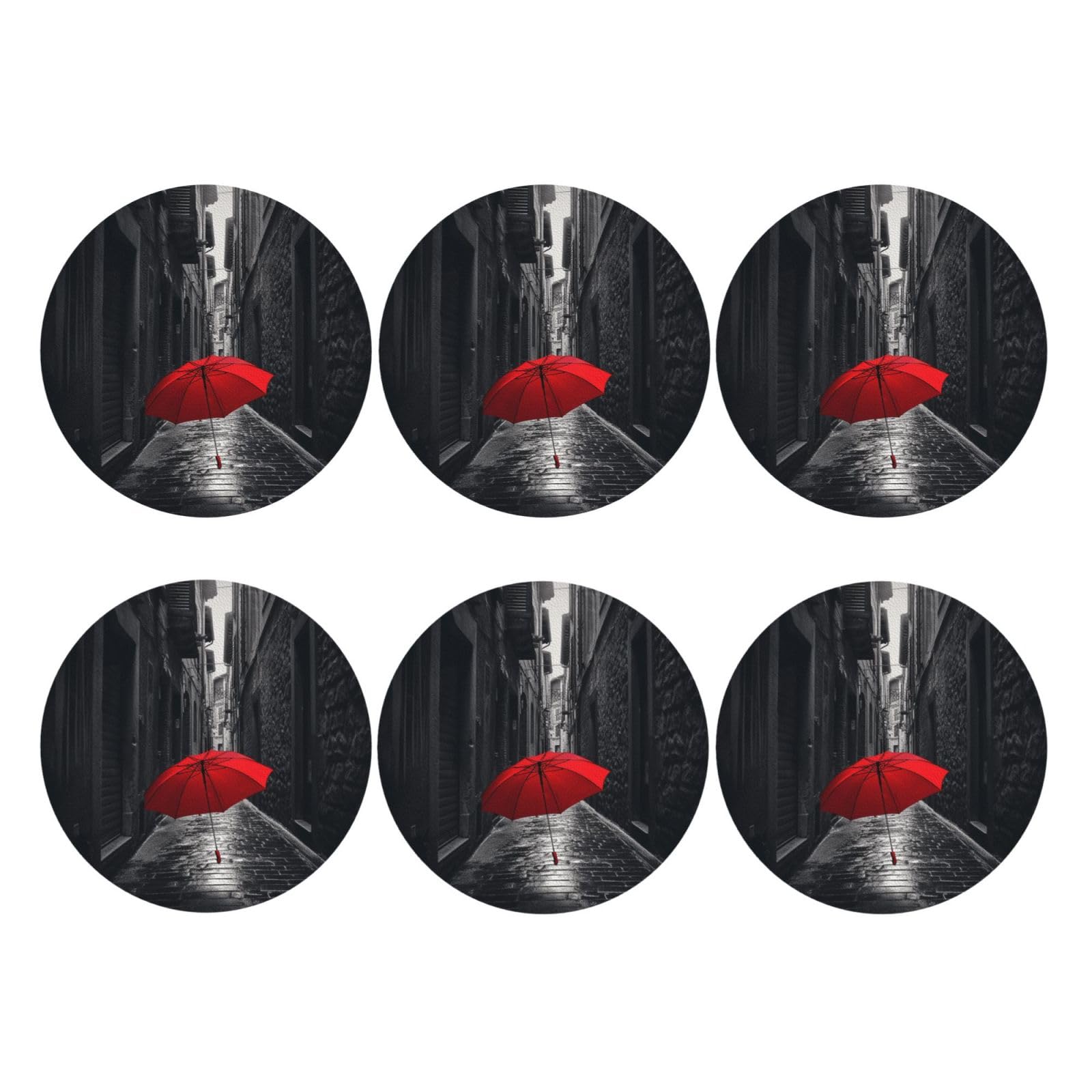 6pcs Leather Coasters for Drinks, Red Umbrella Dark Street Drink Coasters for Tabletop Protection, 4" Cup Coasters for Coffee Table Decor, Non-Slip Drinking Cup Mat for Hot Or Cold Drink