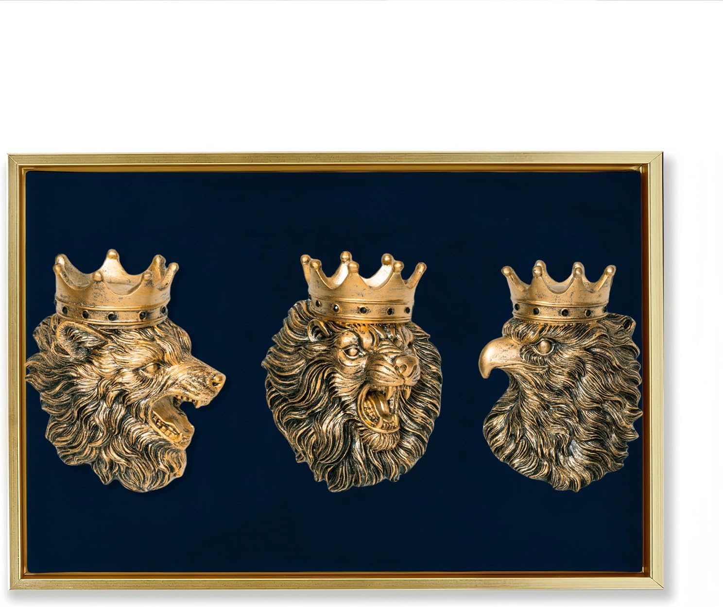 Crowned Animal Wall Decor Set - 3D Lion, Wolf & Eagle Sculptures in Resin Antique Gold Animal Royalty Wall Decorations for Living Room, Office - 5-7.5 Inches Each