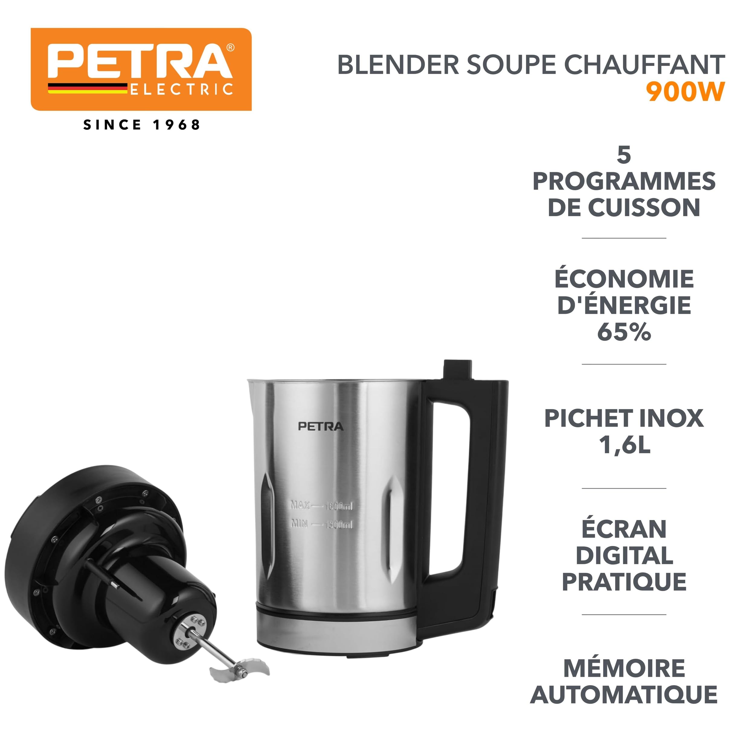 Petra Blender Chauffant Soupe et Mixeur 900W, Machine à Soupe 1.6L, Mixeur Soupe 5 Programmes avec Écran Digital, Soupe Maker Automatique avec Maintien au Chaud, Argent/Noir