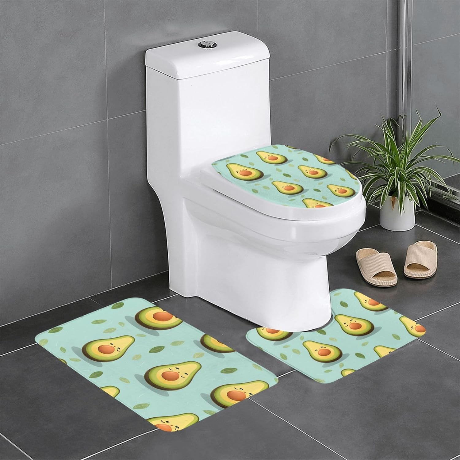 Anti-Slip Floor Mat 3-Piece Set HYTTER Cute Yoga Avocado Printed U-Shaped Toilet Floor Mat, Tightly Attached, Absorbent & Durable, Thick & Comfortable ﻿