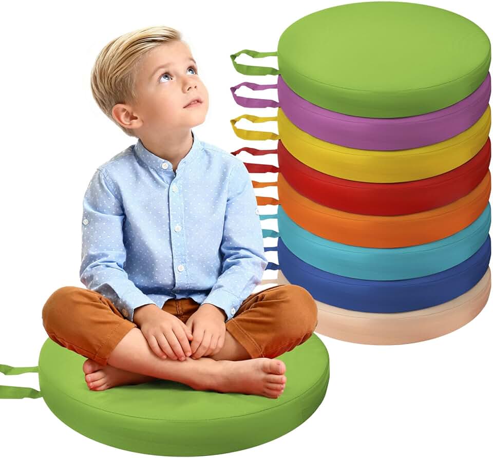 THMINS Pacote com 8 almofadas redondas de 38 cm com alças de espuma de 6 cm de espessura, assentos flexíveis de sala de aula para creche, pré-escola, aprendizagem infantil, cores sortidas