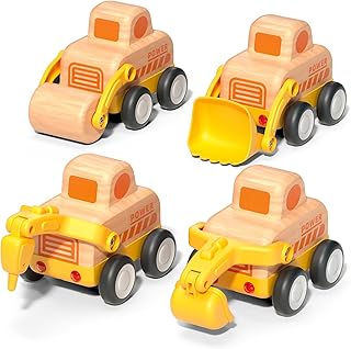 Wooden Toddler Car Toys for 18m+, Friction Powered Construction Truck - Excavator, Bulldozer, Road Roller, Drill Rig, Push and Go Vehicle, Christmas Birthday Gift for 2 3 Years Old Kids, Boys and Girl