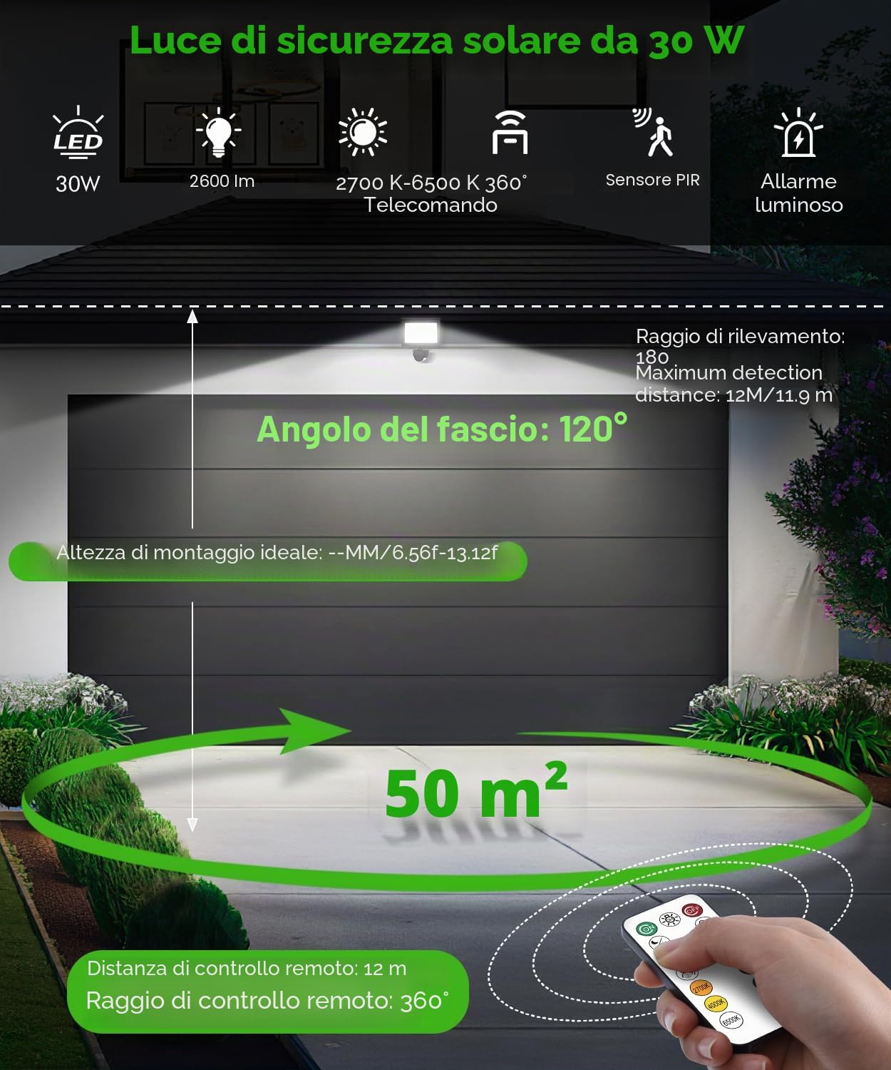 CLY Luce Solare Led Esterno Con Sensore Di Movimento 30W 2600LM 2500K-6500K | Faretti Solari Led Da Esterno 6 Modes Faretto LED Da Esterno Solare IP66 Faro Led Esterno Con Pannello Solare 5000mAh