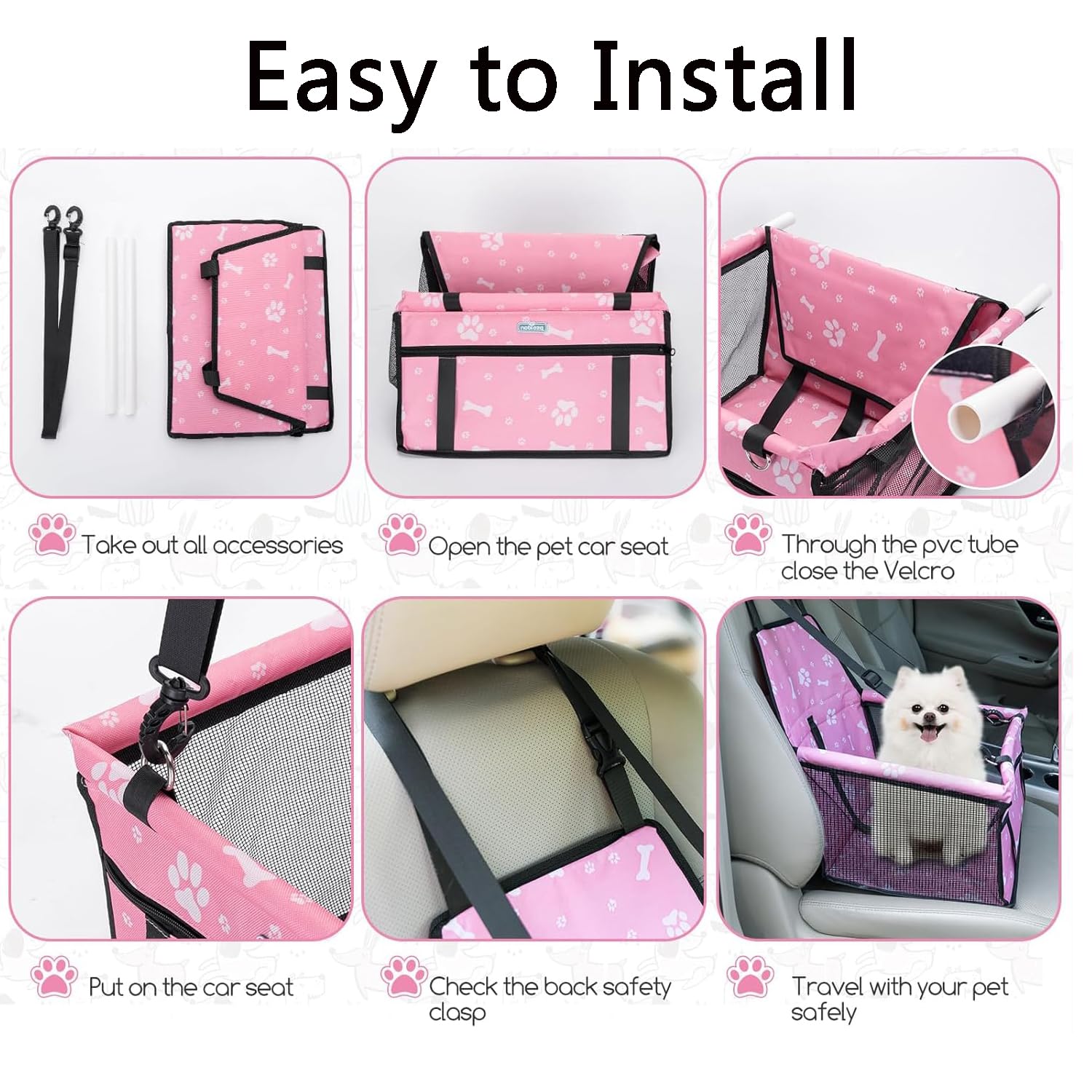 MEISO Siège Auto pour Chiens, Sac de Transport Chien et Chat avec Ceinture de Sécurité, Auto Chien avec Tige de Support de Nivellement, Pliable, pour Chiens adapté aux Animaux de Petite Moyenne (Rose)