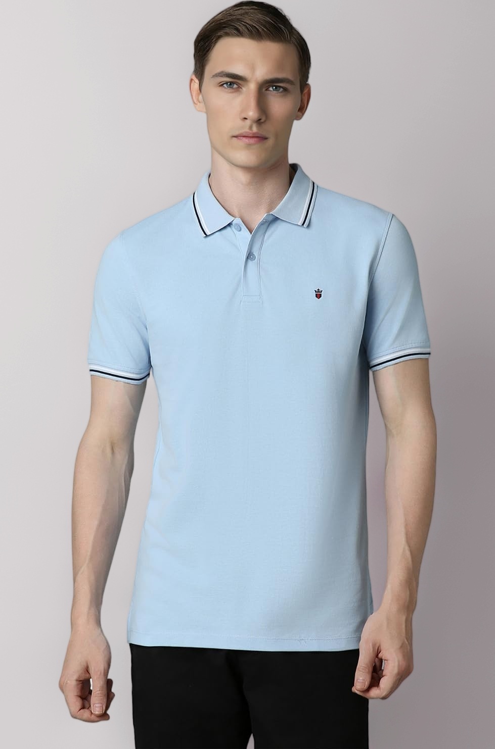 Louis Philippe Men's Slim Fit Textured Collar and Cuff Solid Pique Half Sleeve Polo T-Shirt with Stretch