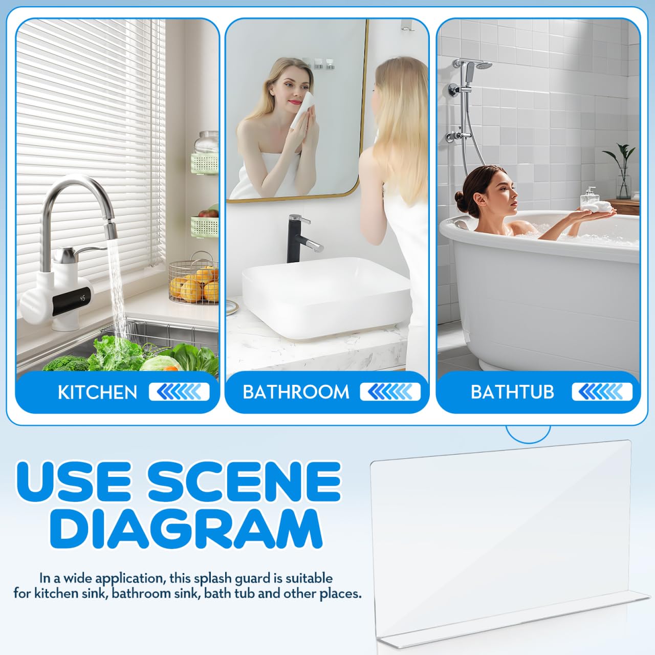 GARVALON Protection anti-éclaboussures en acrylique pour évier Barrière transparente résistante à l'eau pour cuisine et salle de bain, facile à nettoyer, évite les éclaboussures et maintient les