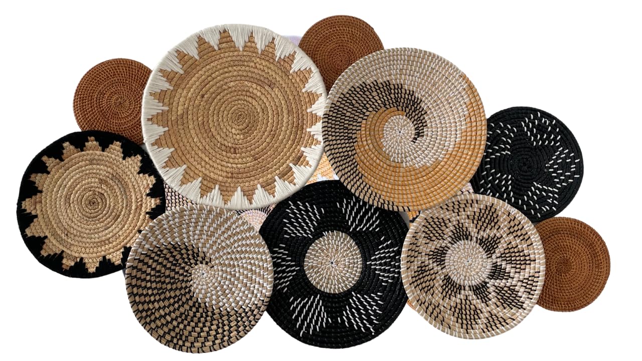 ChumDecor Set of 10 Handcrafted Boho Wall Basket Decor, Wall Hanging Baskets, Decorative Plates for Wall, Handmade from Vietnam Unique Wicker Wall Art Decor