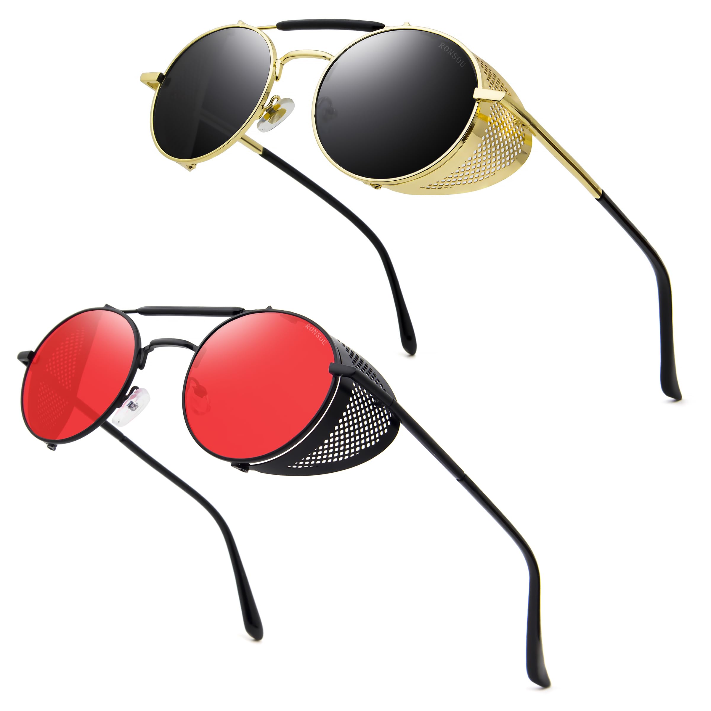 RONSOU Steampunk Round Sunglasses for Men Women, Side Shields
