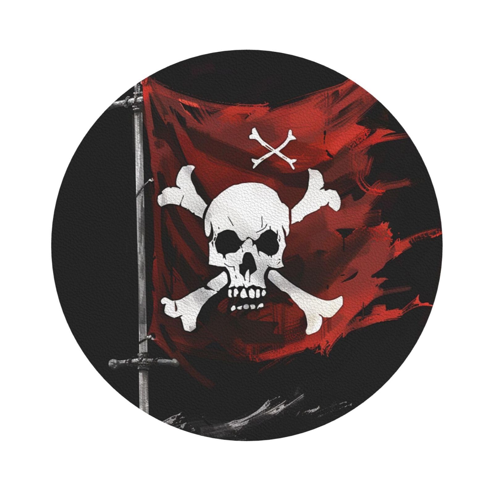 Pirate Flag Print Leather Coaster Set of 6, Round Shape Coasters Table Decorative Coffee Cup Beverage Coasters Wine Beer Bar Coasters for Hot Drinks Table Protection