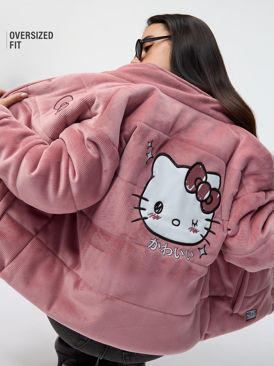 The Souled Store Hello Kitty Kawaii damska i dziewczęca pełne rękawy, jasnoróżowa grafika, haftowany poliester, pikowany, sztruksowy, na co dzień, modna kurtka zimowa, Kawaii, S