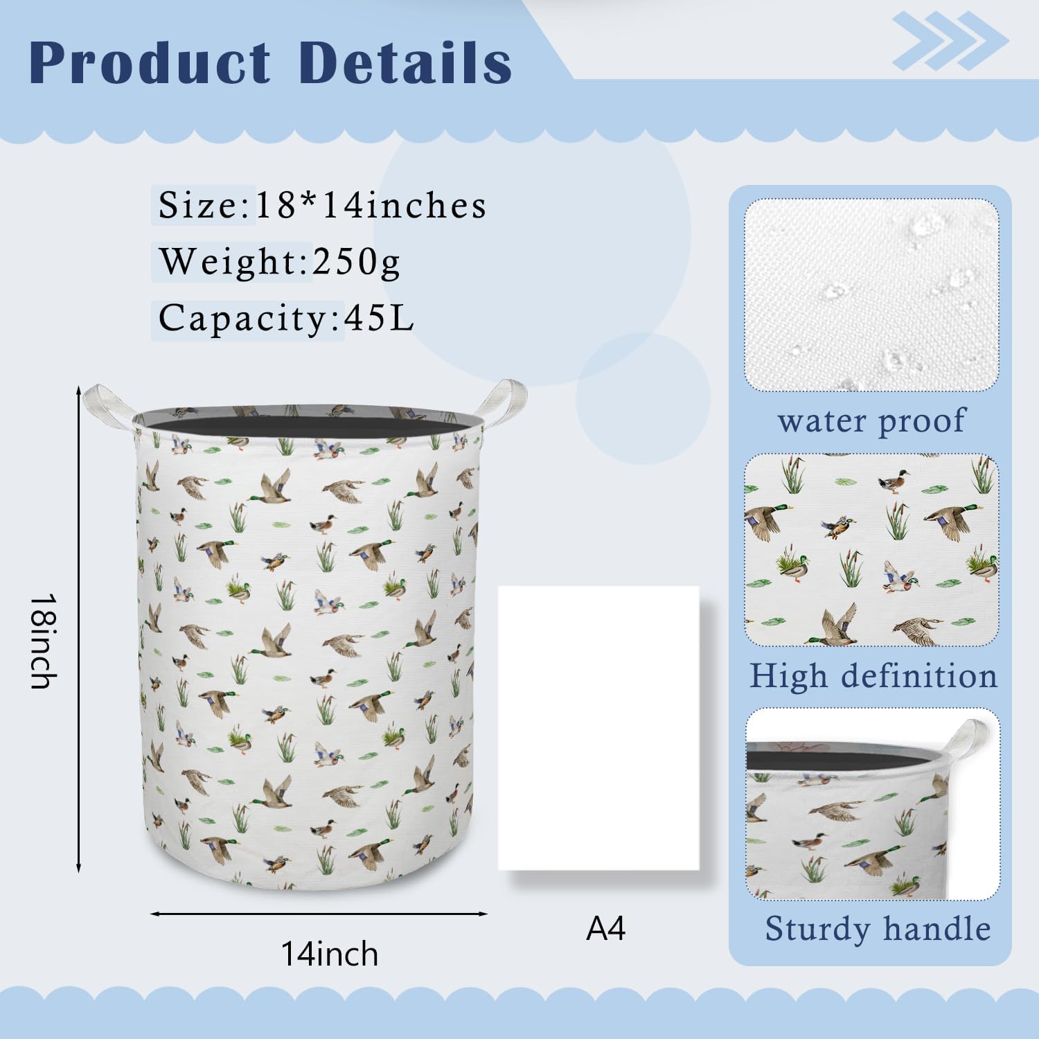 Rustic Mallard Duck Laundry Basket Hamper, Mallard Duck Nursery Decor, Wild Flying Ducks Foldable Clothes Toys Books Storage Box Bins Baskets Organizer for Kids Boys Bedroom Bathroom